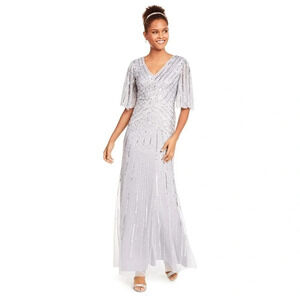 NWT ADRIANNA PAPELL Flutter Sleeve Fully Beaded Gown